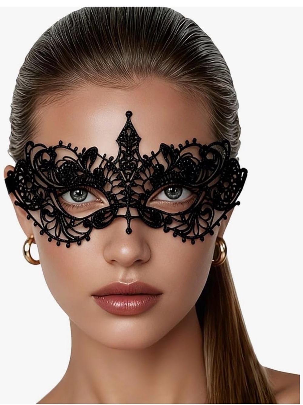 Black Lace Masquerade Eye Mask with Ribbon Ties - Picture 2 of 5